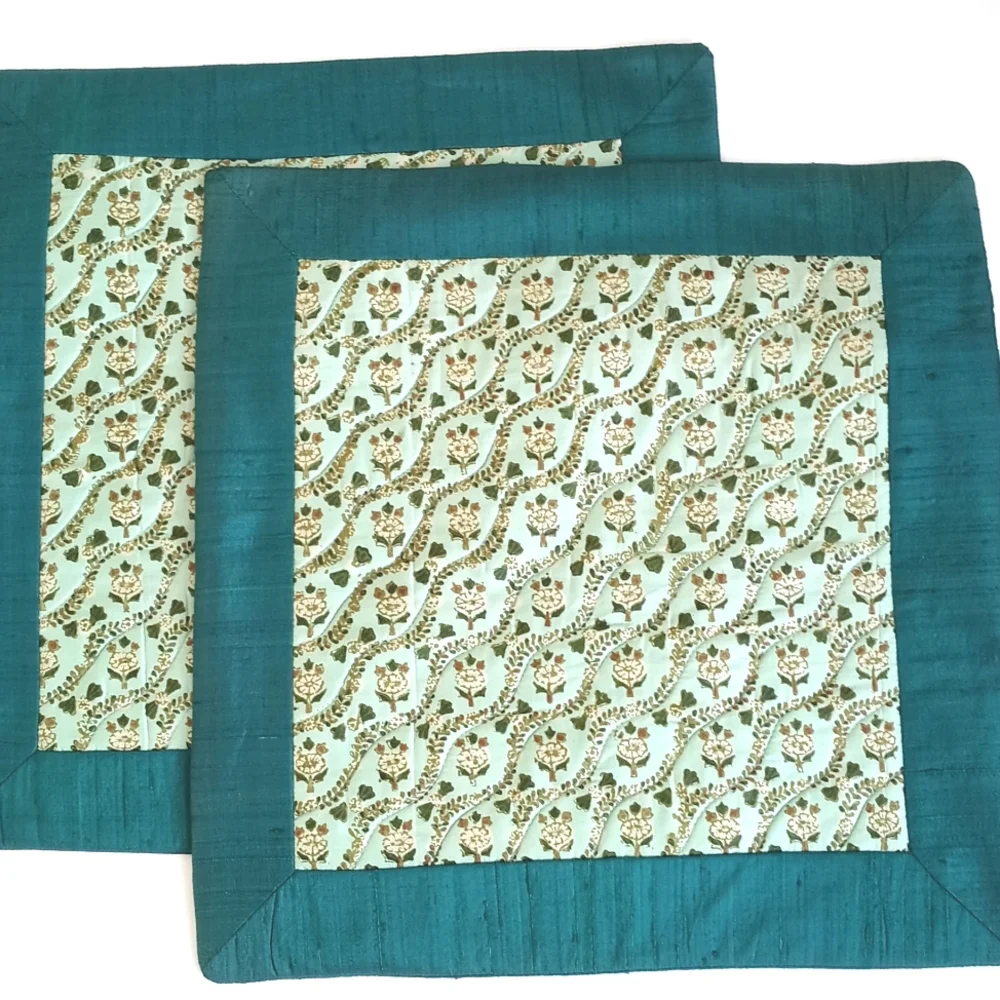 Set of 2 Silk Vintage Teal Trimmed Cream Floral Quilted 15”x 15” Pillow Shams